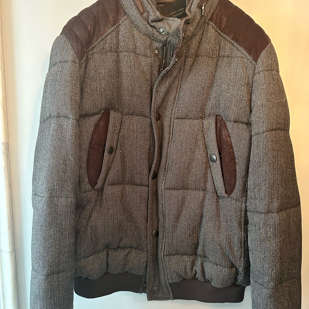 Zara Men's Gray and Brown Puffer Jacket